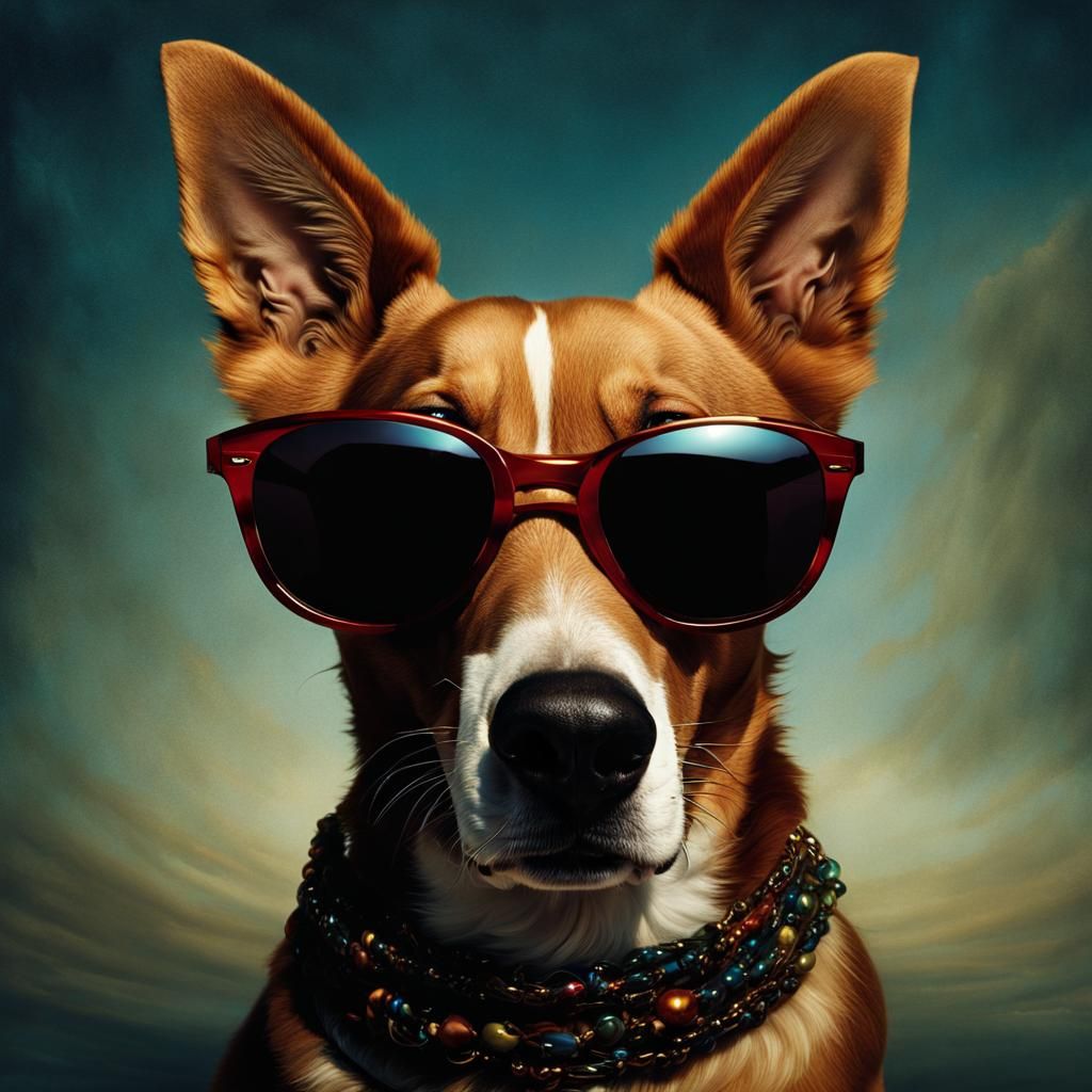 Dog with Sunglasses: Surreal Portrait in Vibrant Colors