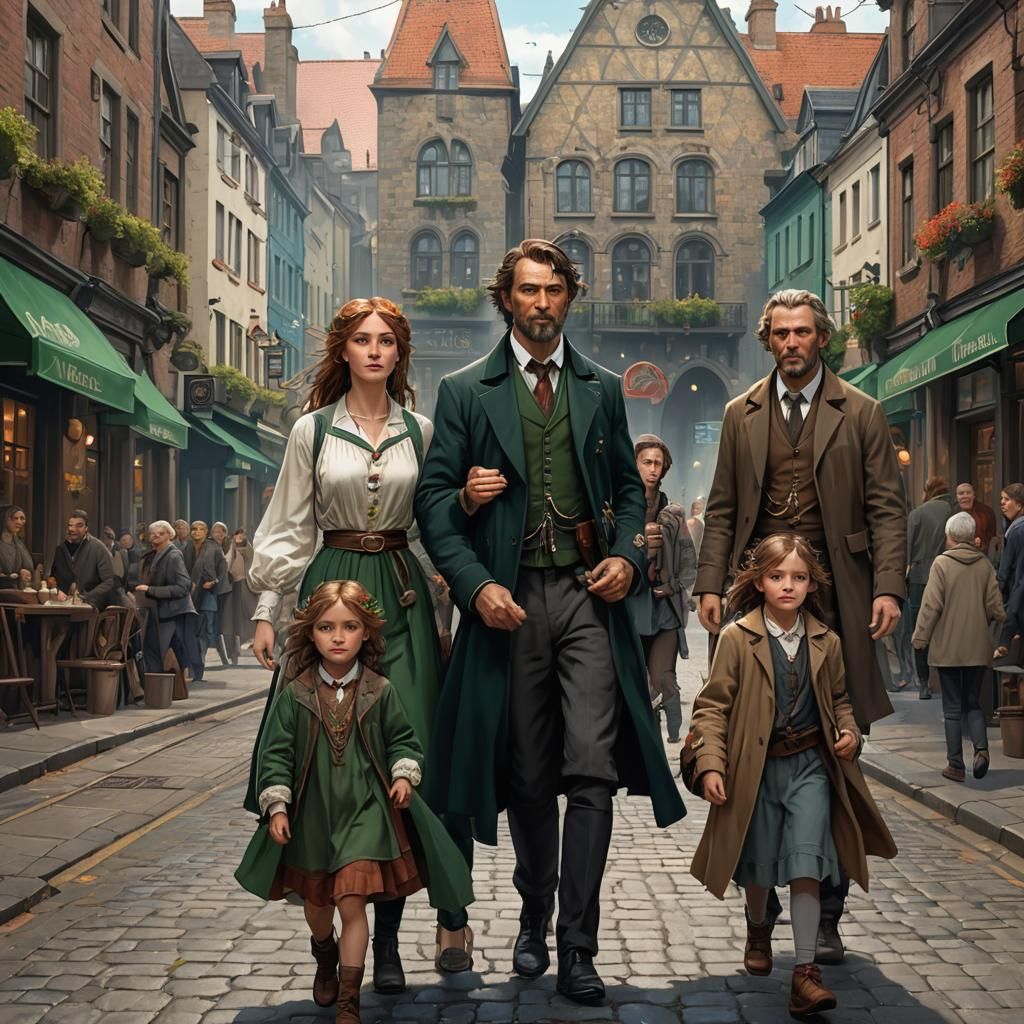 Irish Town Family Portrait: Hyperdetailed Concept Art