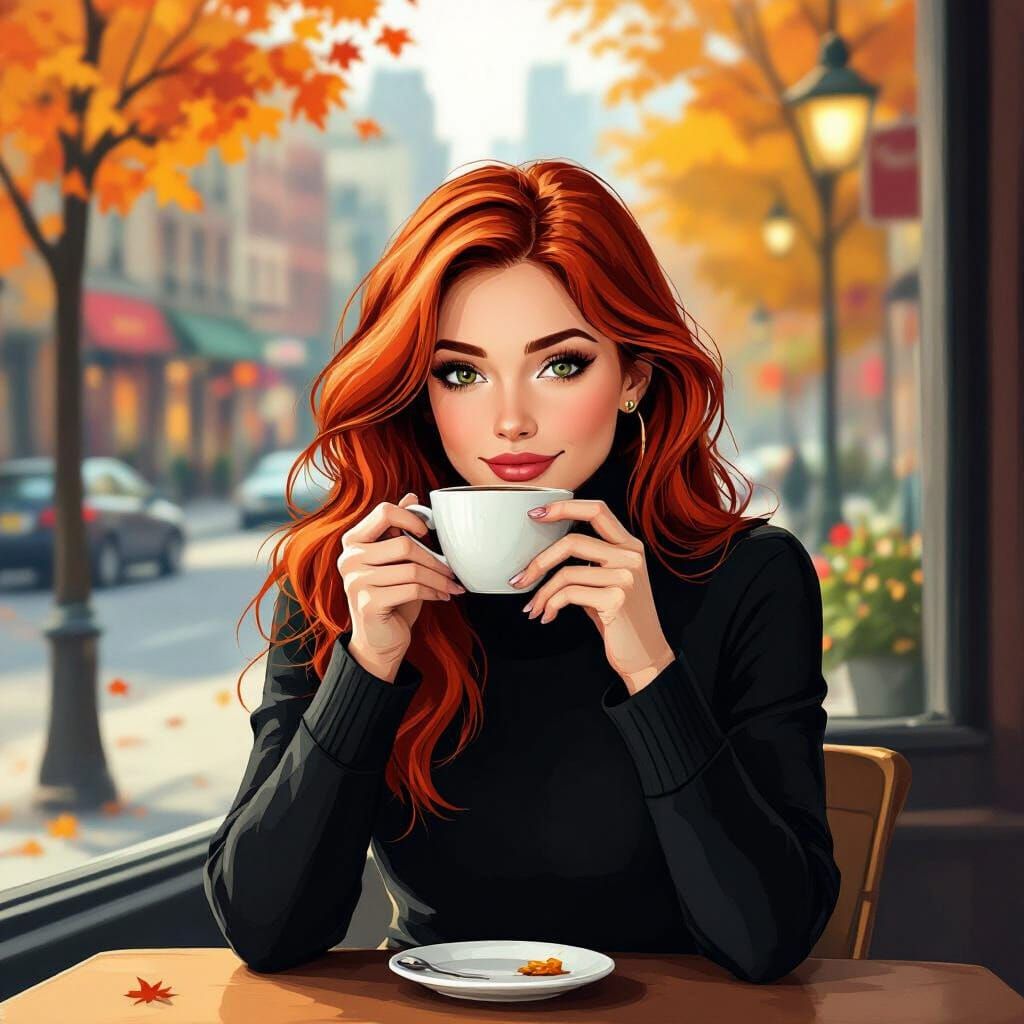 Redhead Woman Enjoys Coffee at Autumn Cafe
