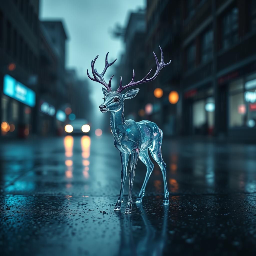 Crystalline Deer Statue in Rain, Hyperrealistic Photograph