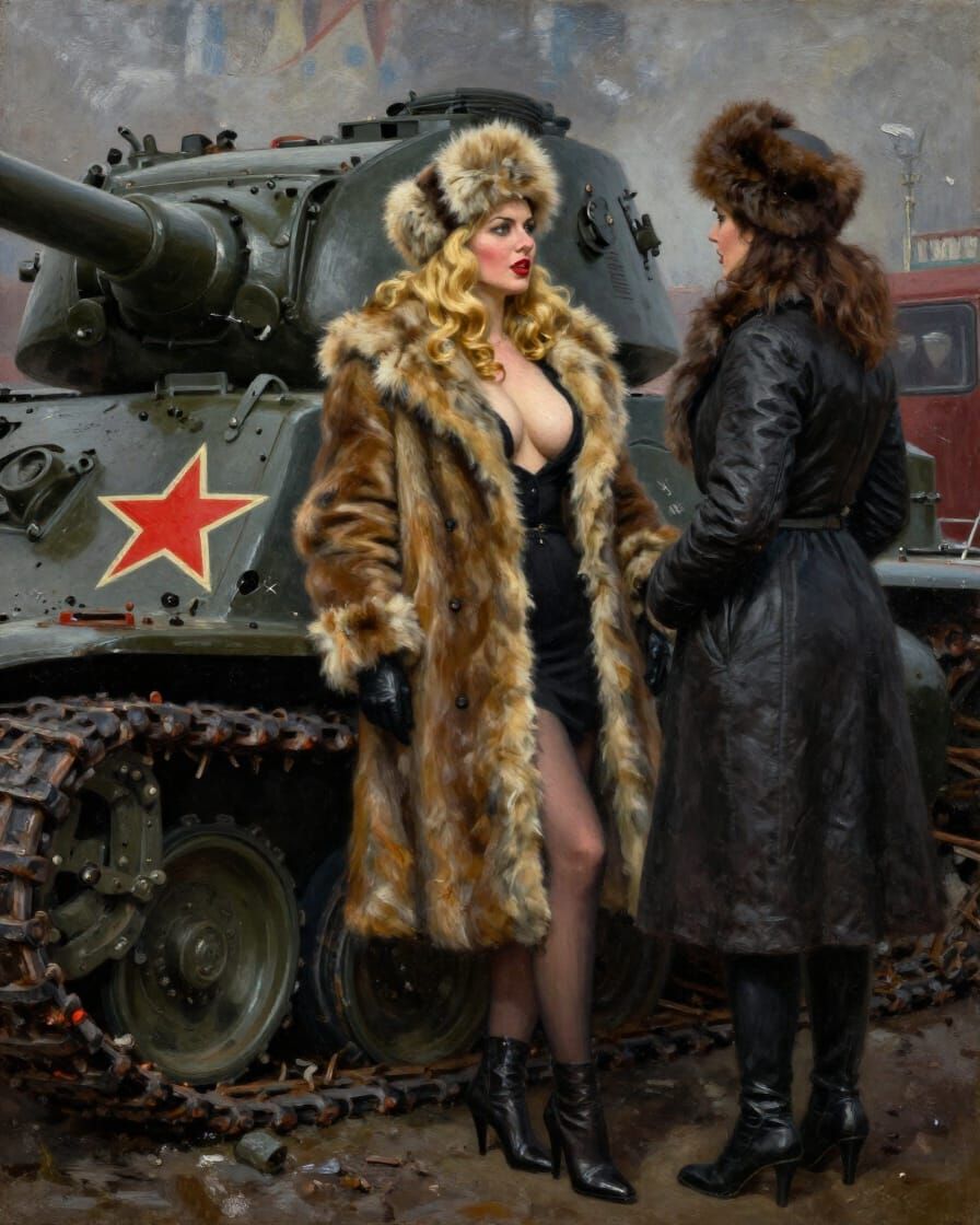 Busty Woman in Fur Coat Beside Military Tank