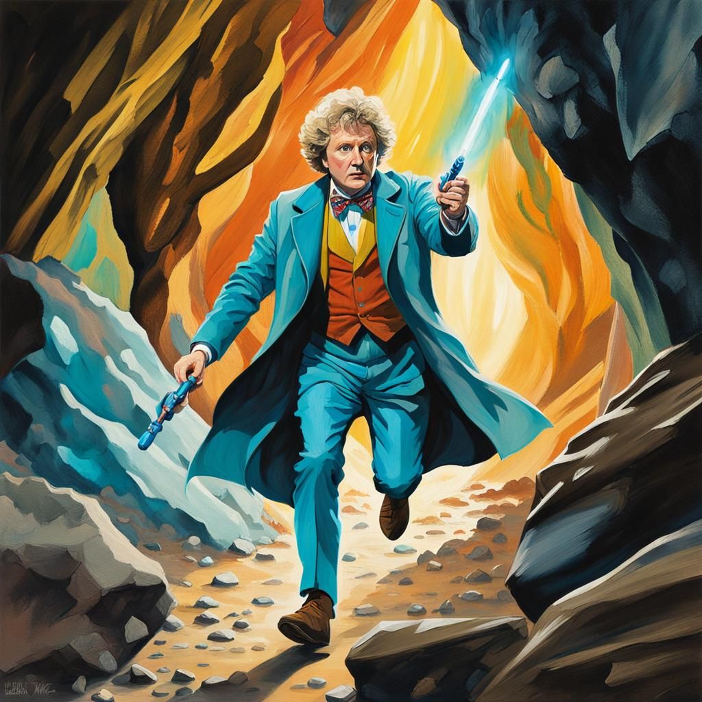 Sixth Doctor Runs Through Cave: Gouache Painting