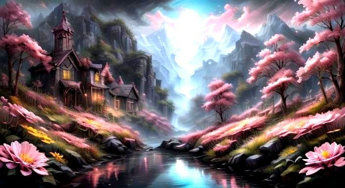 Dark Pink Impasto Flowers on Pink Background