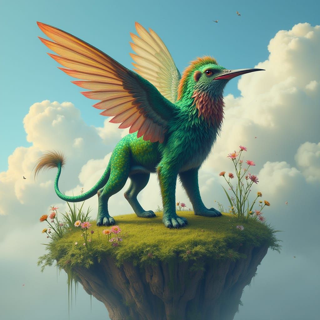 Lion-Hummingbird Hybrid on Floating Island in Dreamlike Styl...