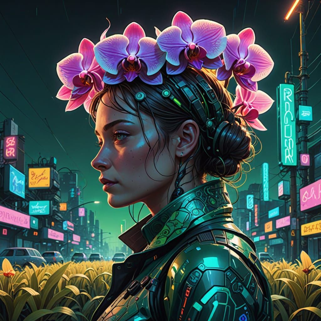 Psychedelic Holographic Orchid Field in Cyberpunk Style