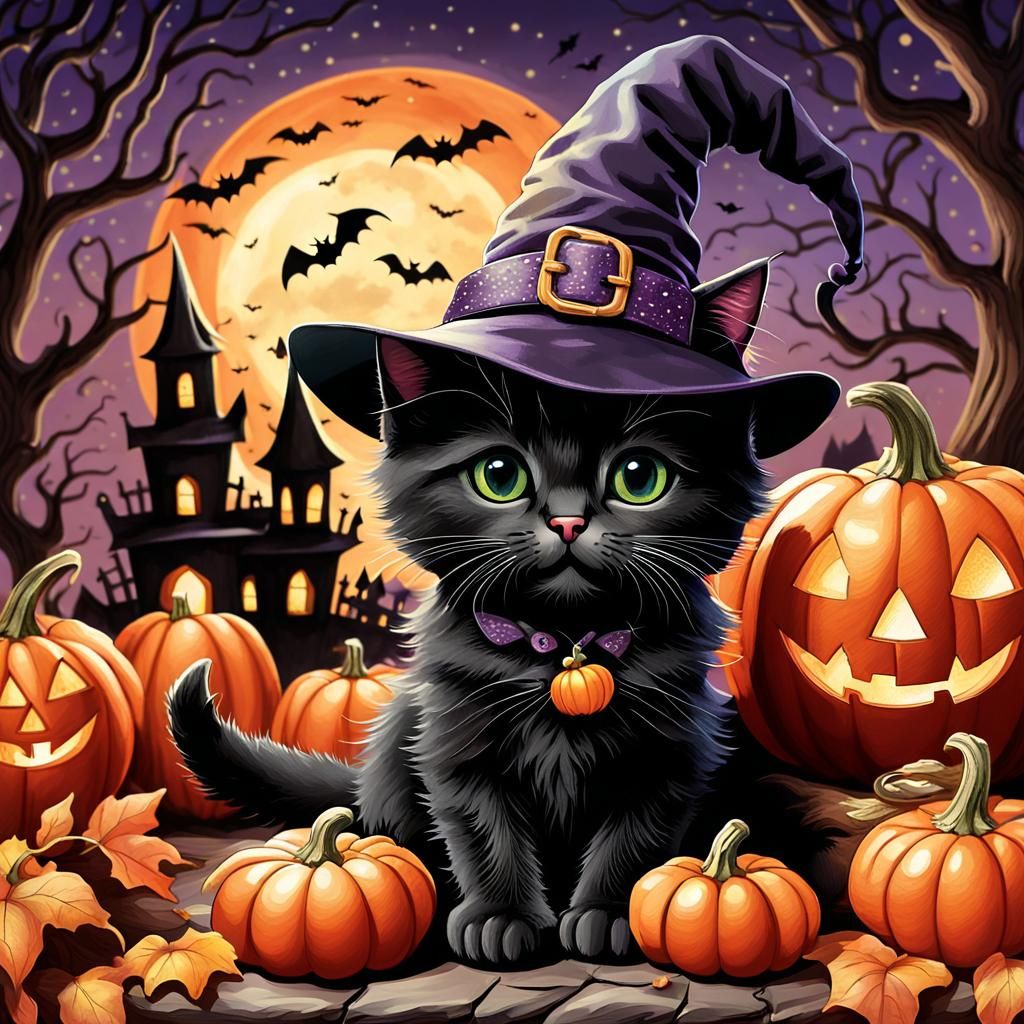 Halloween Kitten in Witch Hat with Pumpkin