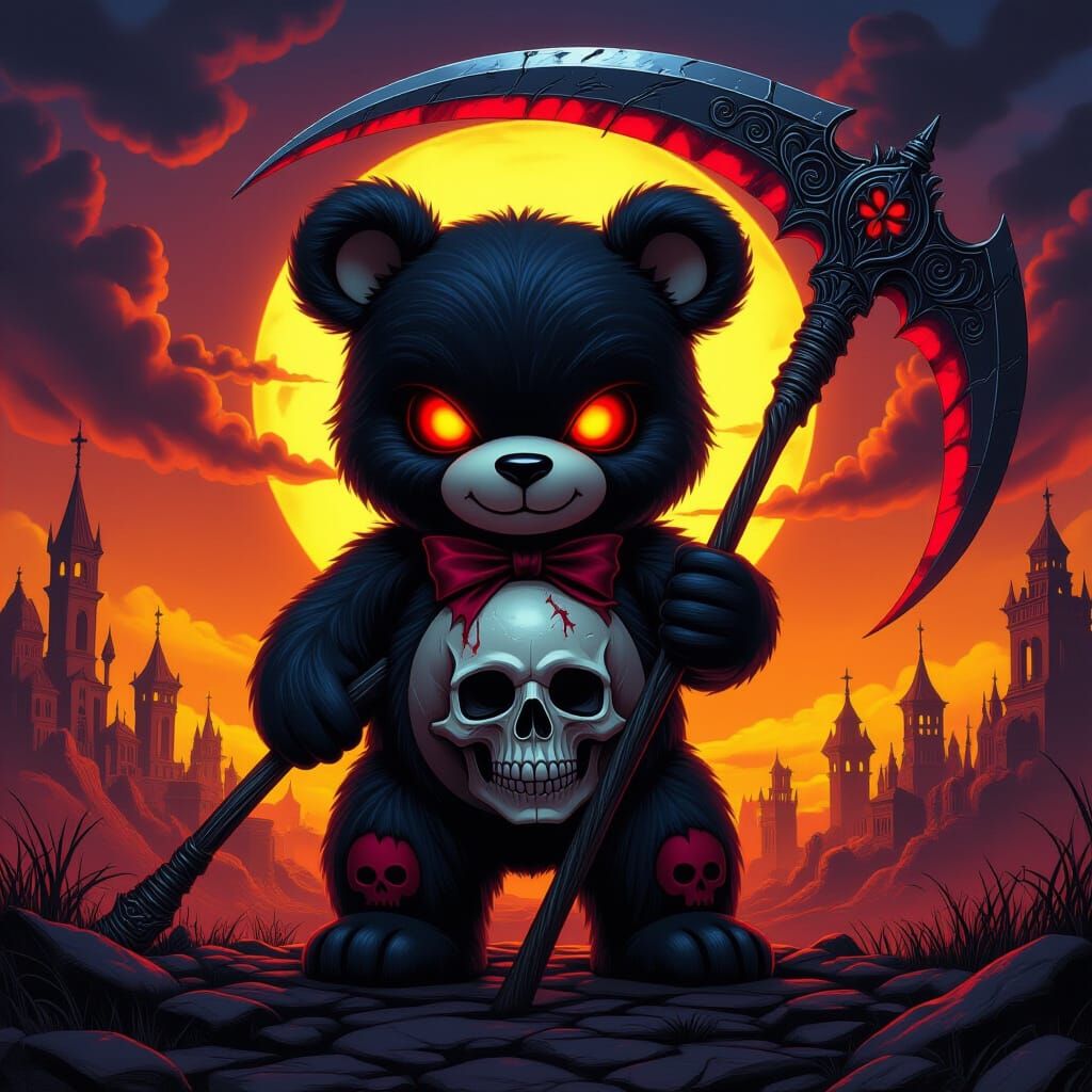 Gothic Bear with Scythe in Hellish Landscape