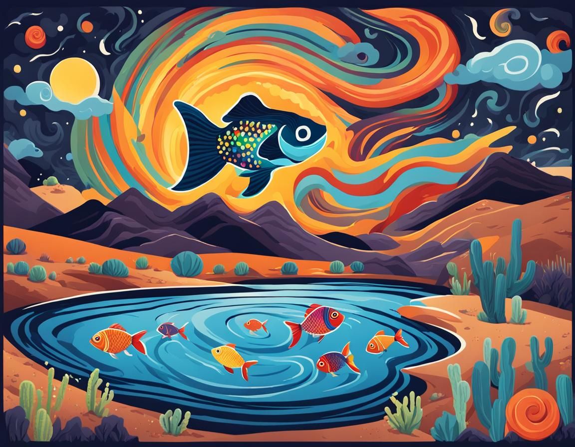 Colorful Fish Tornado Over Desert Puddle