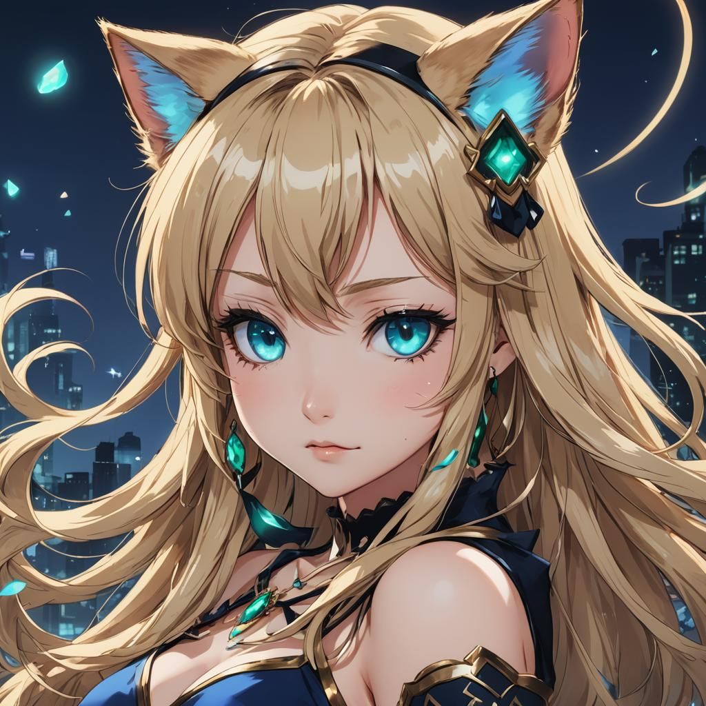 Anime Catgirl with Emerald Eyes and Cat Features