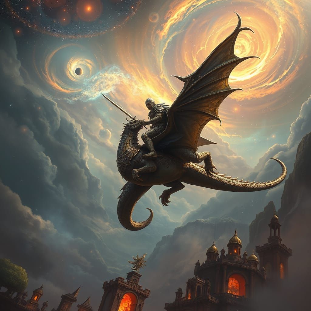 Knight and Dragon Soaring Through Cosmic Skies