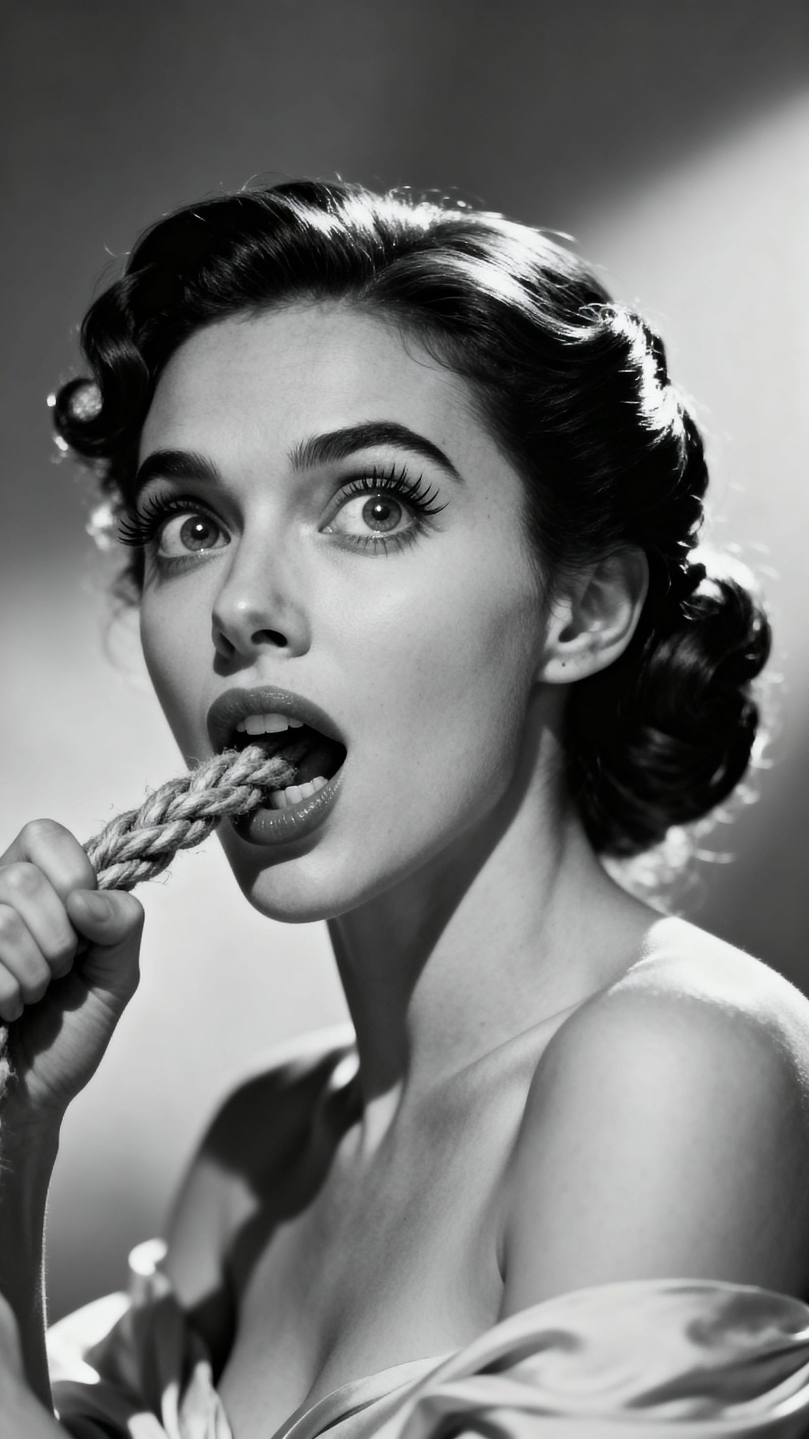 Cinematic Black & White Portrait of Astonished Woman