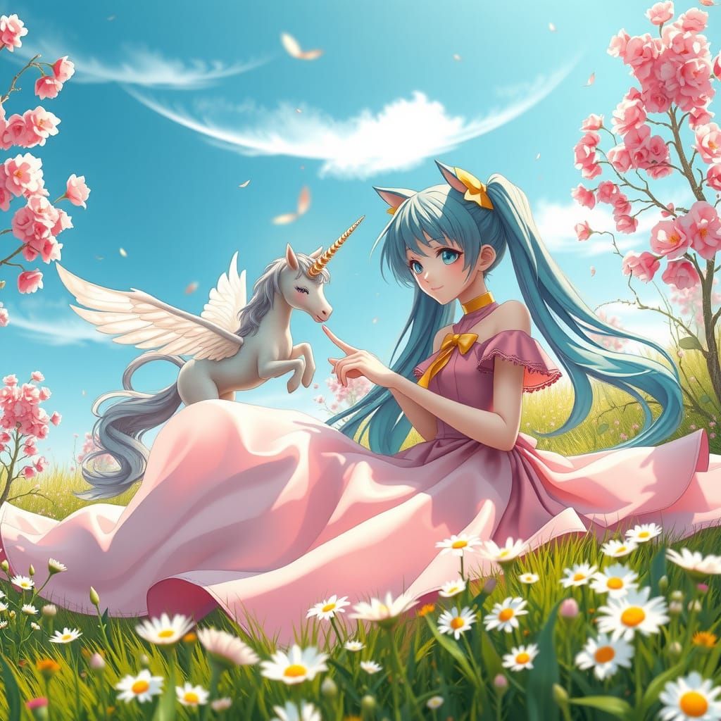 Enchanted Spring Scene with Hatsune Miku and Pegasus
