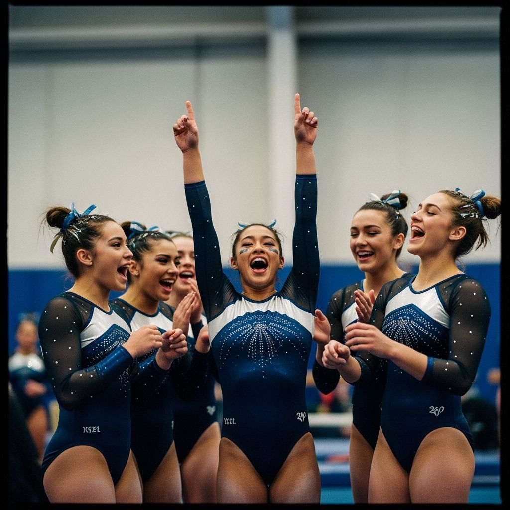 Gymnastics Team Celebrates Victory: Cinematic Film Still