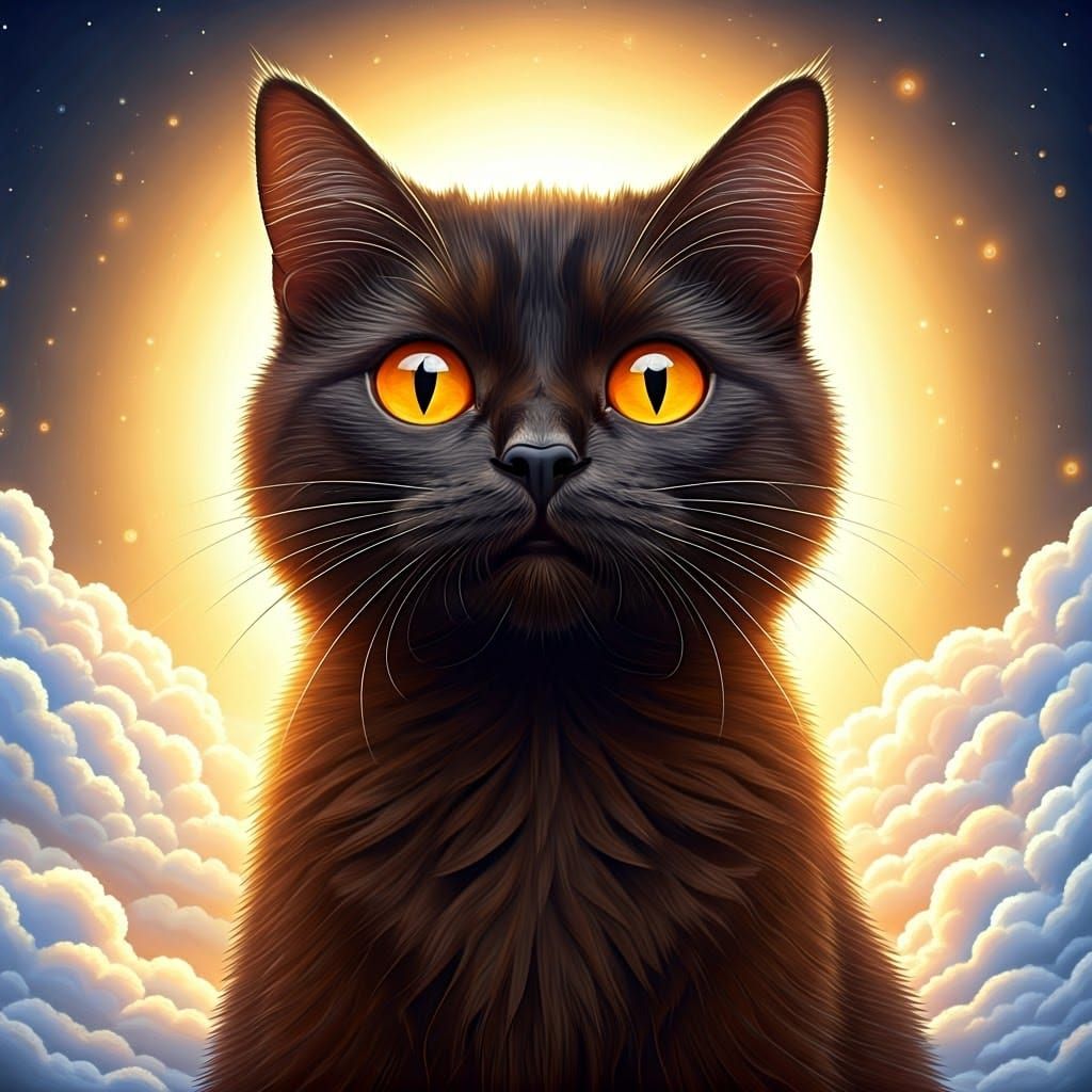 Black Cat with Orange Eyes in Dreamlike Scene