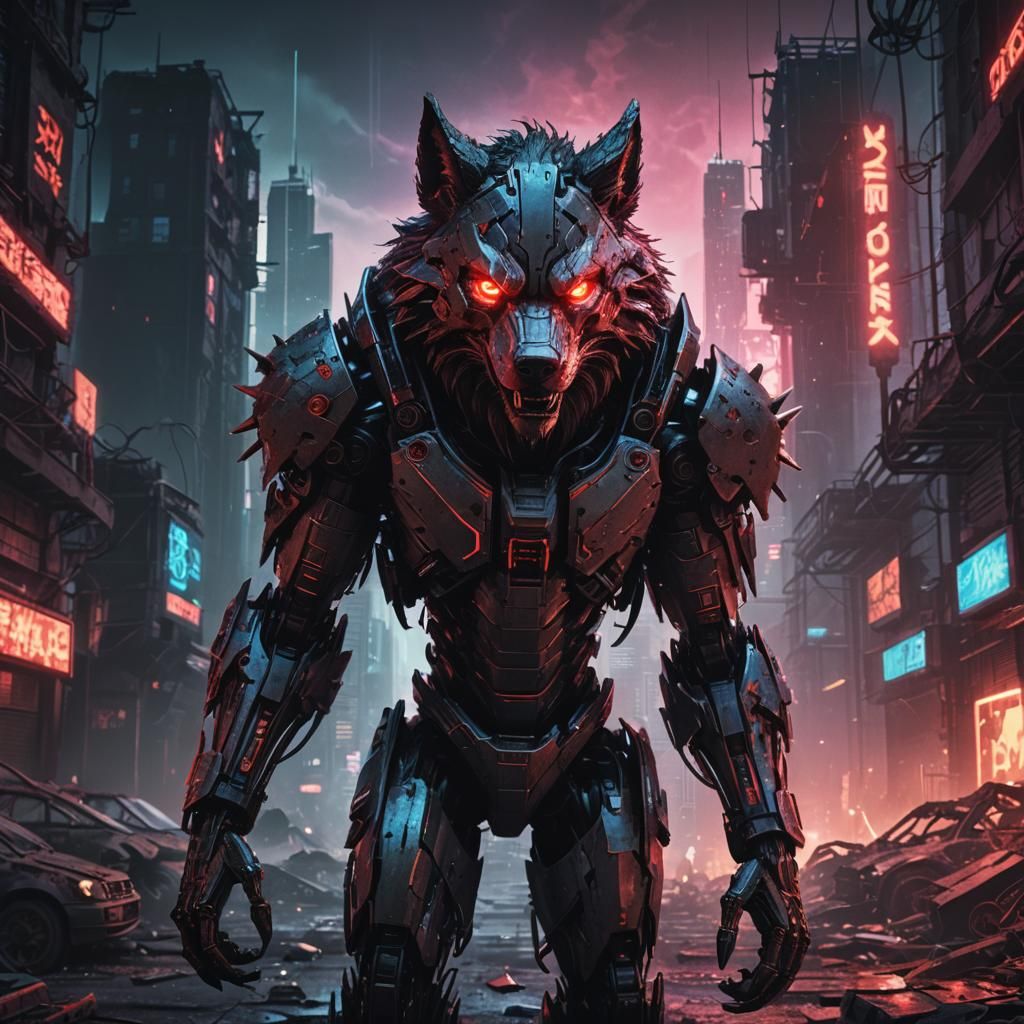 Robotic Werewolf in Cyberpunk Cityscape
