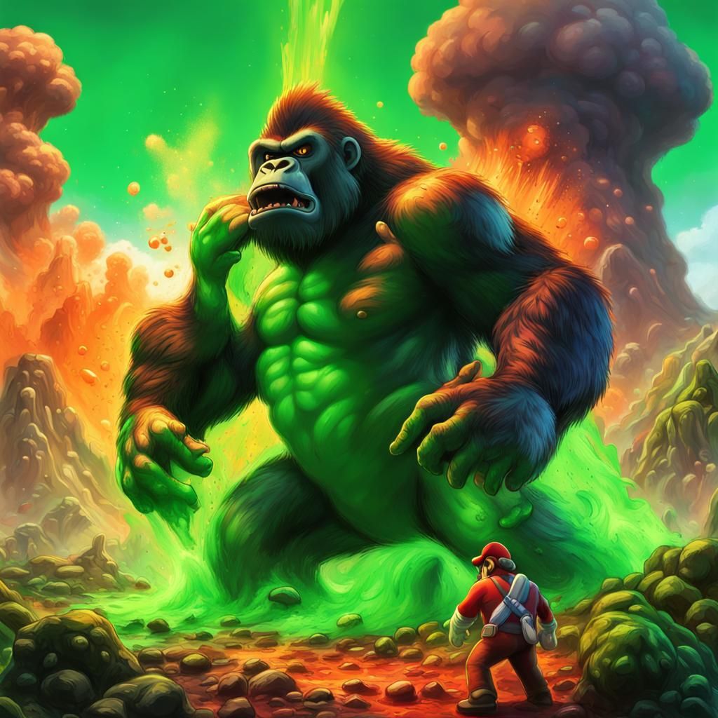 Mario Brother vs Gorilla in Volcano: Hyperrealistic Splash A...