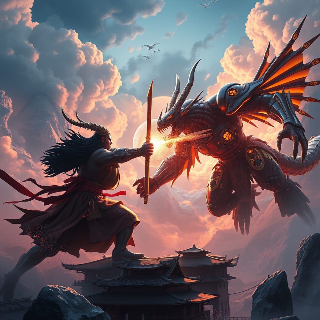 Epic Fantasy Duel in Sci-Fi Landscape