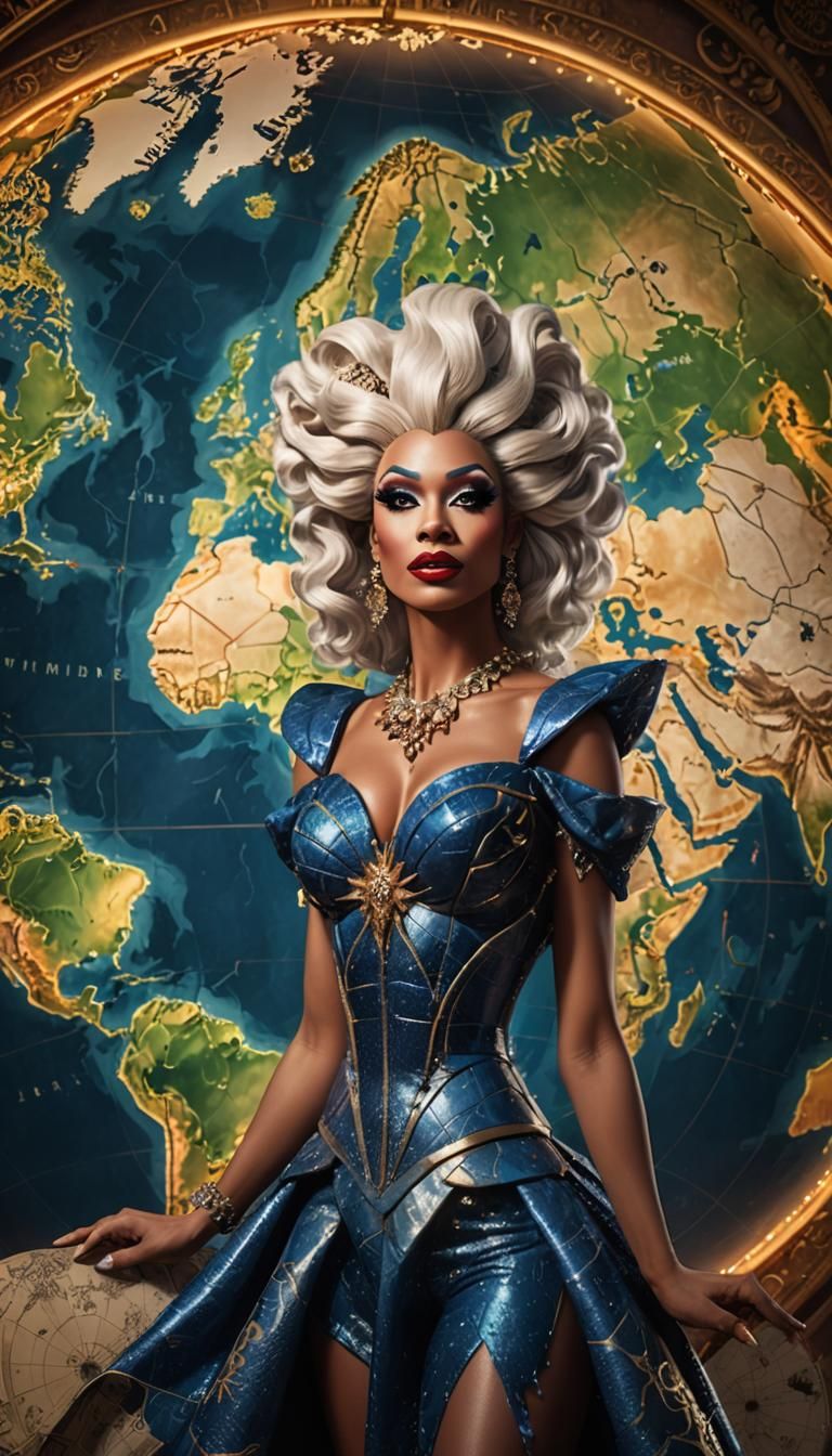Drag Queen Posing Before World Map: Fantasy Art