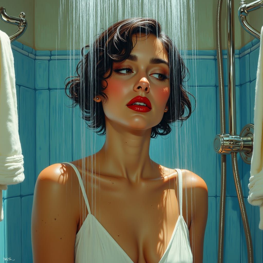 Italian Woman Showering in Splash Art Style