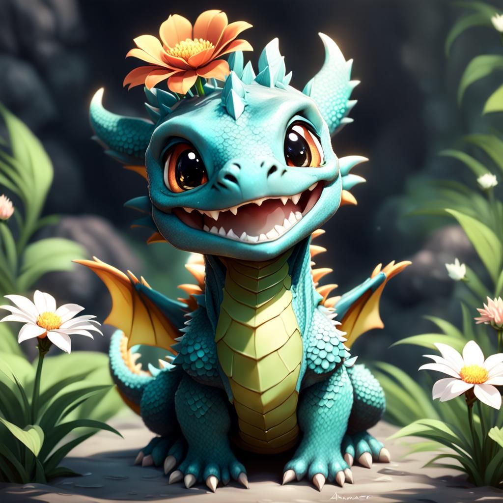 Adorable Baby Dragon with Flower, Anime 3D Art