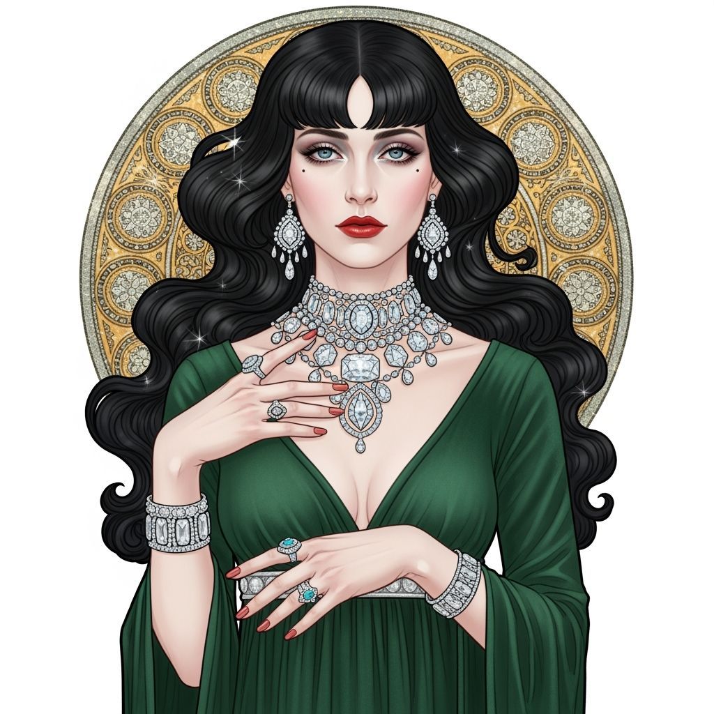 Elegant Woman in Green Velvet, Art Nouveau Style