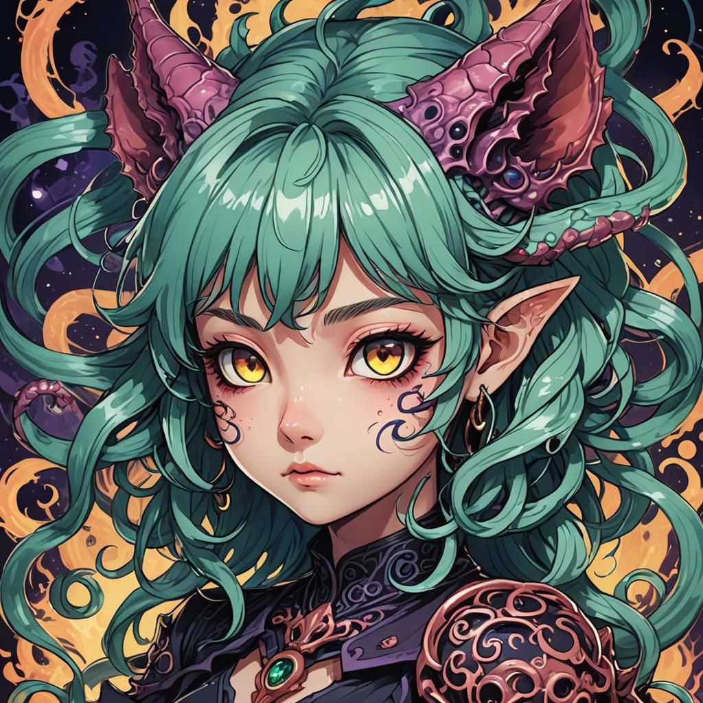 Demonic Lovecraftian Nekomata in Chibi Anime Style