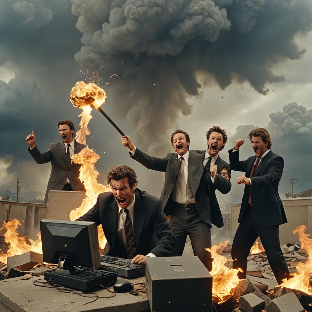 Humorous Destruction of Computer in Cinematic Style