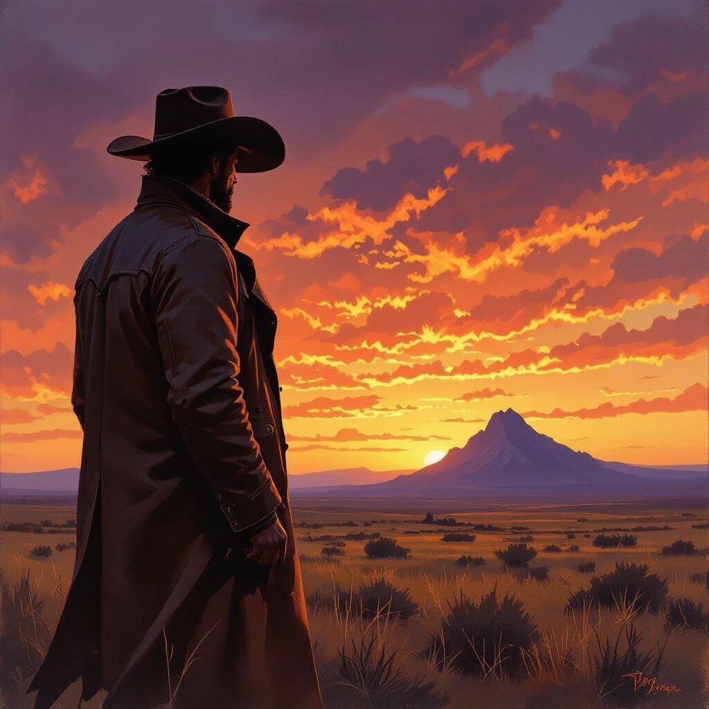 Lone Cowboy at Dusk on Windswept Plain