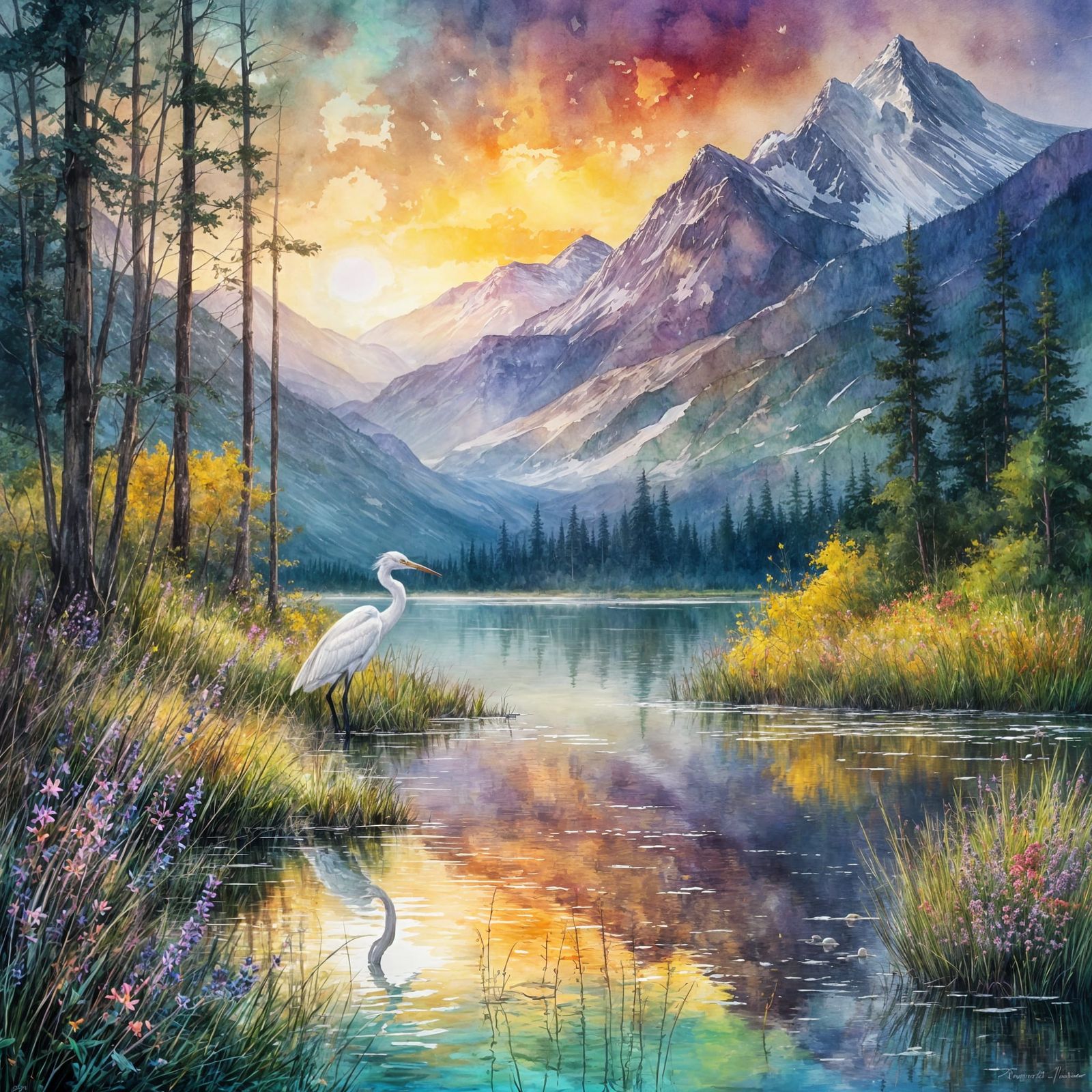 Ethereal Sunrise Over Misty Lake in Speedpaint Style