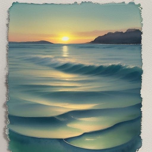 Dreamy Watercolor Sunrise Over Dark Green Sea