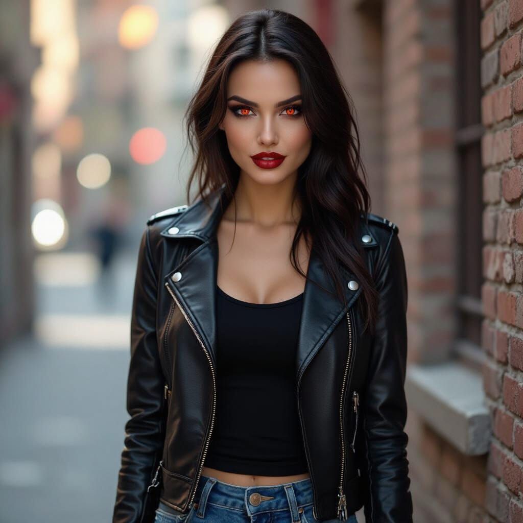 Gorgeous Vampire Woman With Red Eyes In Leather Jacket