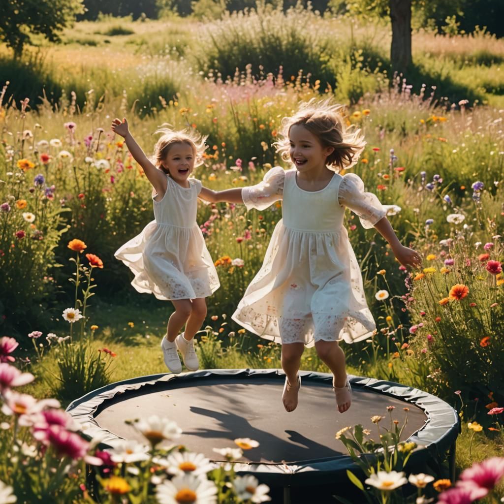 Girl Jumps on Trampoline in Sunny Flower Meadow