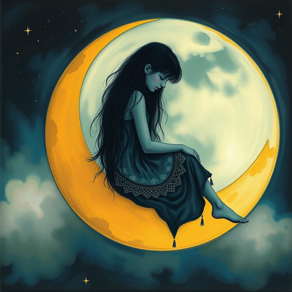Girl on Half Moon: Surreal Abstract Art