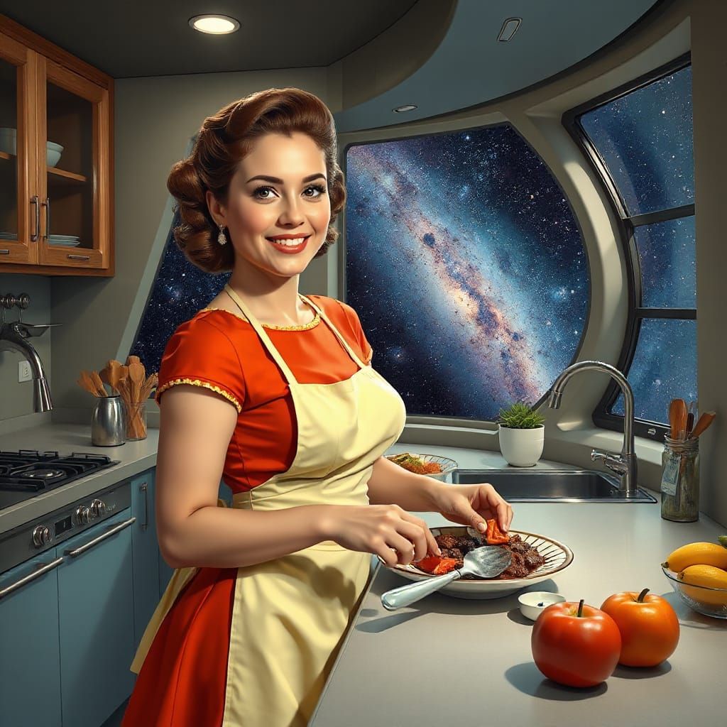Retrofuturistic Tradwife Cooking Dinner in Orbit, Hyperreali...
