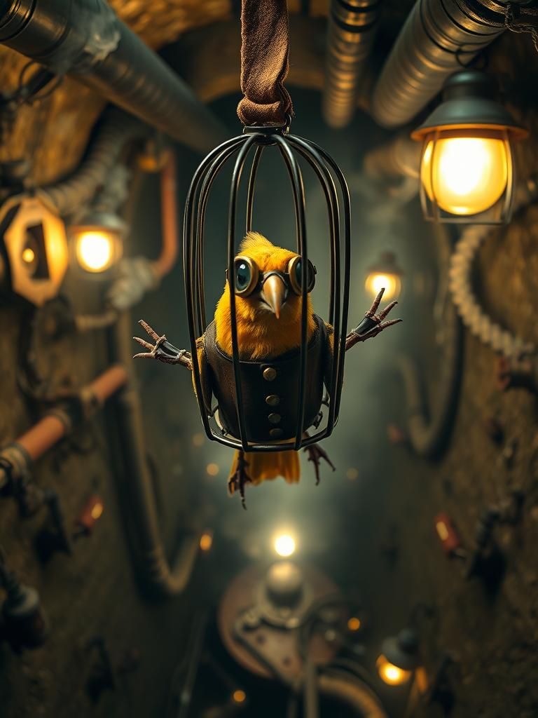 Steampunk Canary in Victorian Mine Shaft