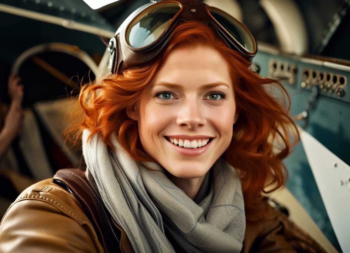 Redhead Aviator Smiling in Biplane Cockpit Portrait
