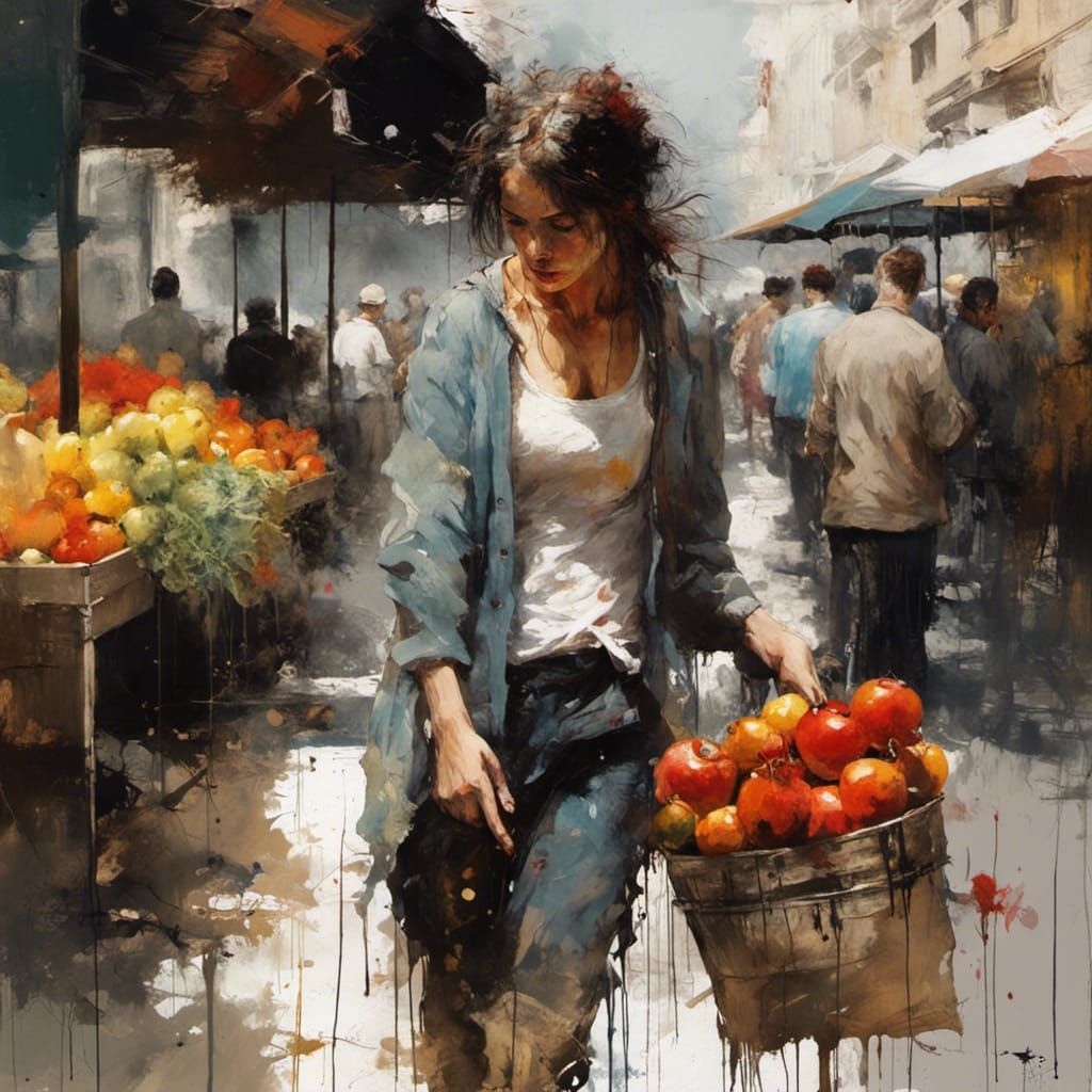 Vibrant Farmer's Market: Detailed Oil Painting