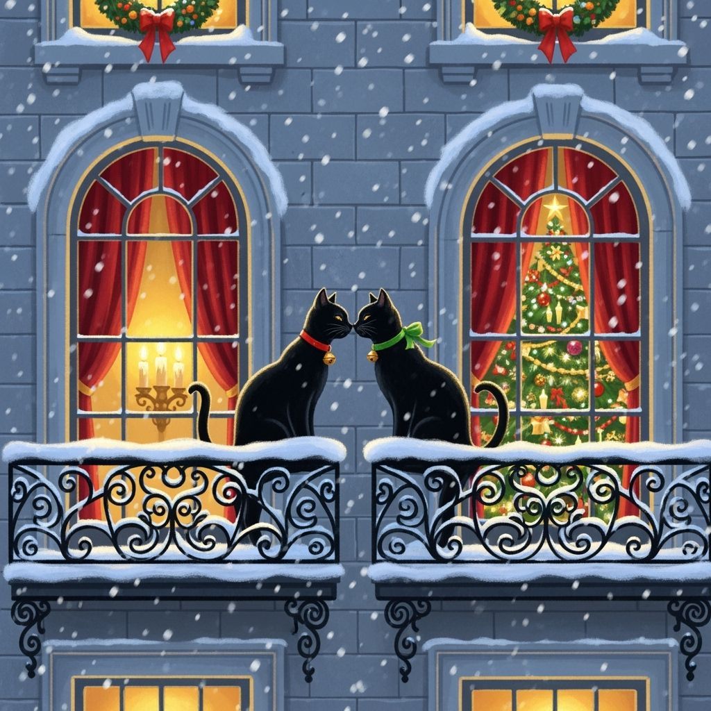 Enchanting Christmas Night Scene with Cats on Snow-Covered B...