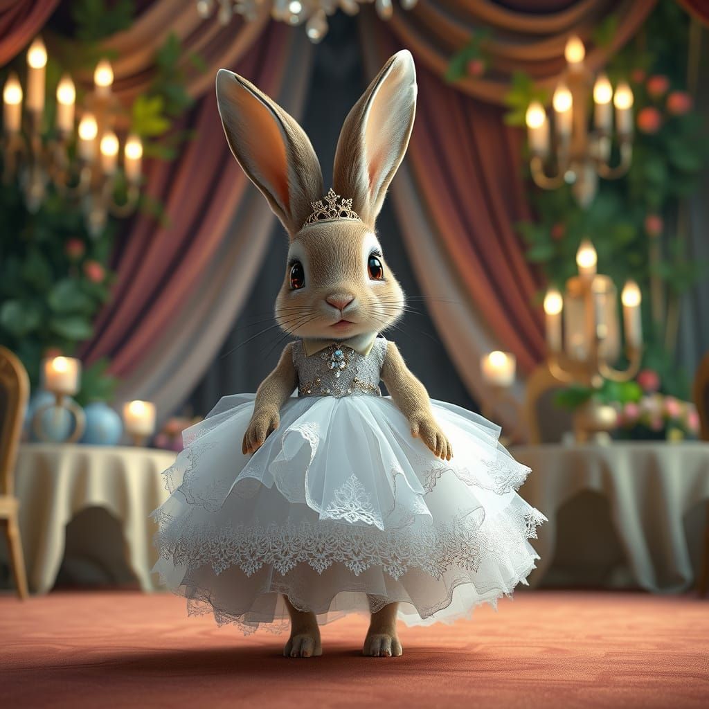 Enchanted Whimsy: Adorable Bunny in Dreamy Ball Gown