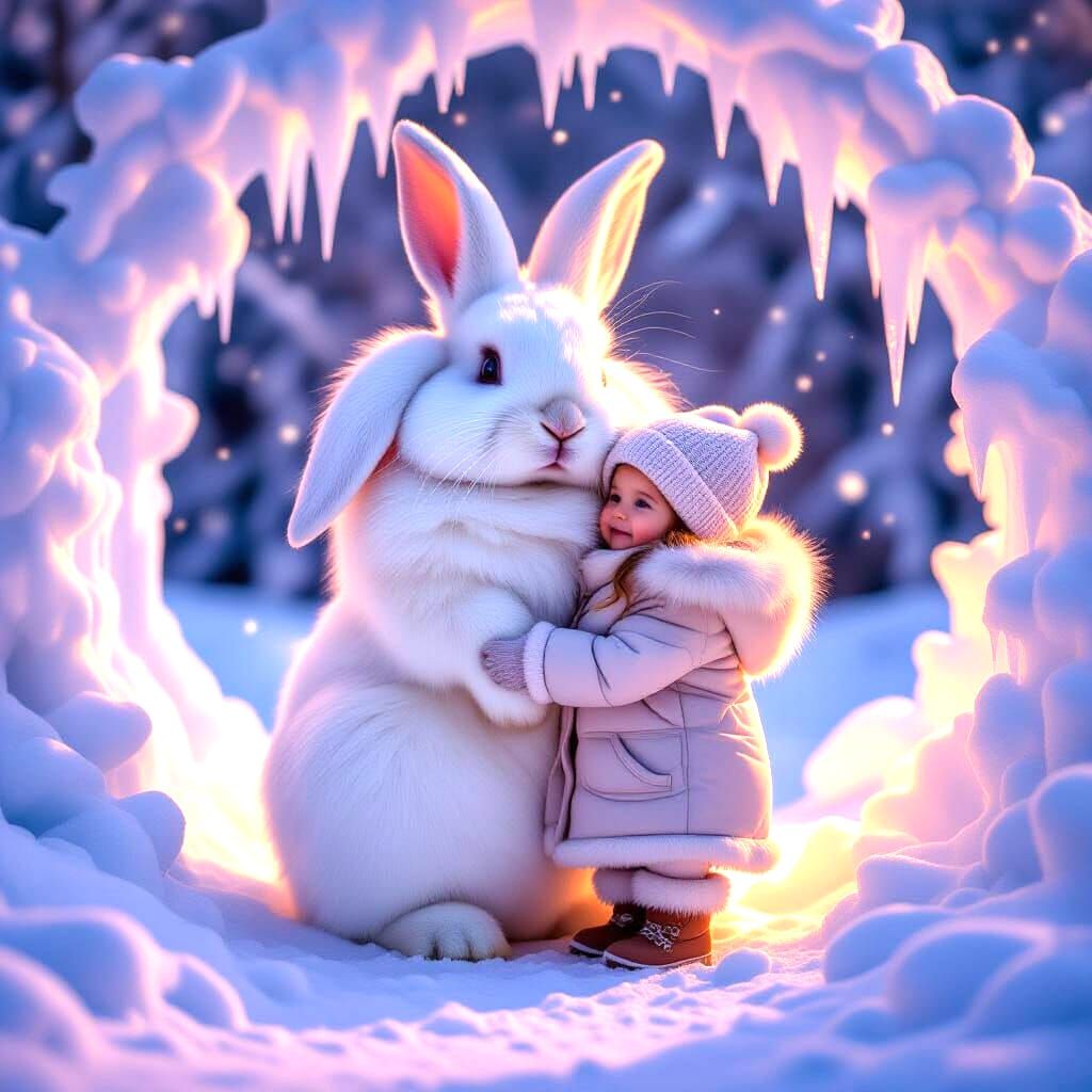 Child and Giant Rabbit in Snowy Scene