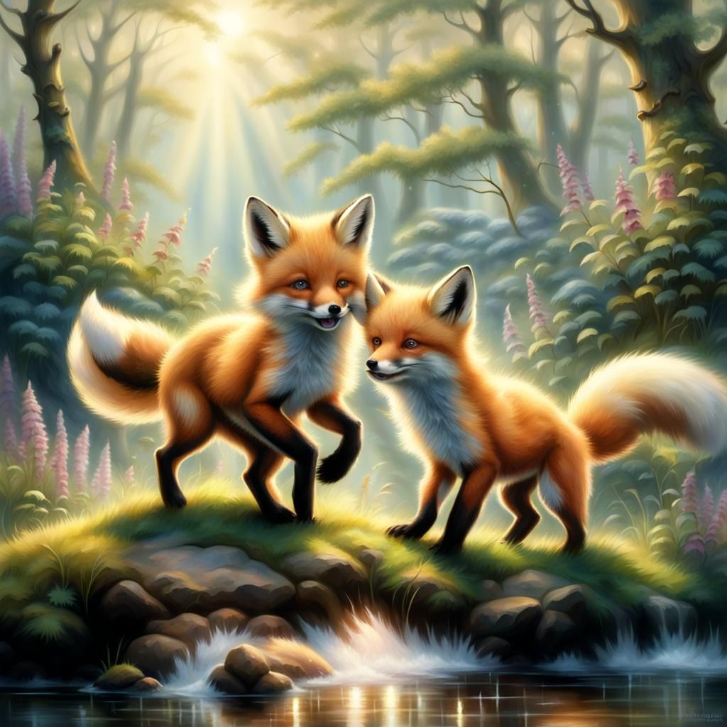 Foxes Play Fighting in Ethereal Forest