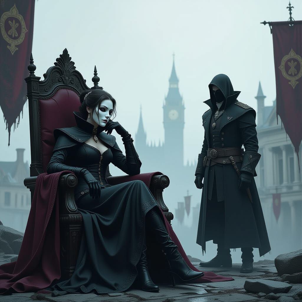 Emily Kaldwin on Throne in Somber Oil Painting Style