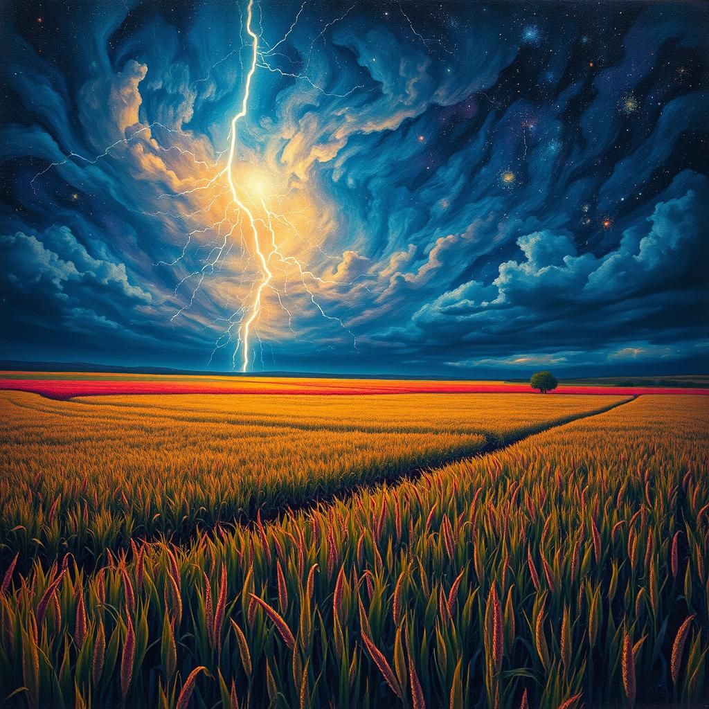 Cosmic Lightning Illuminates Dreamlike Crop Fields