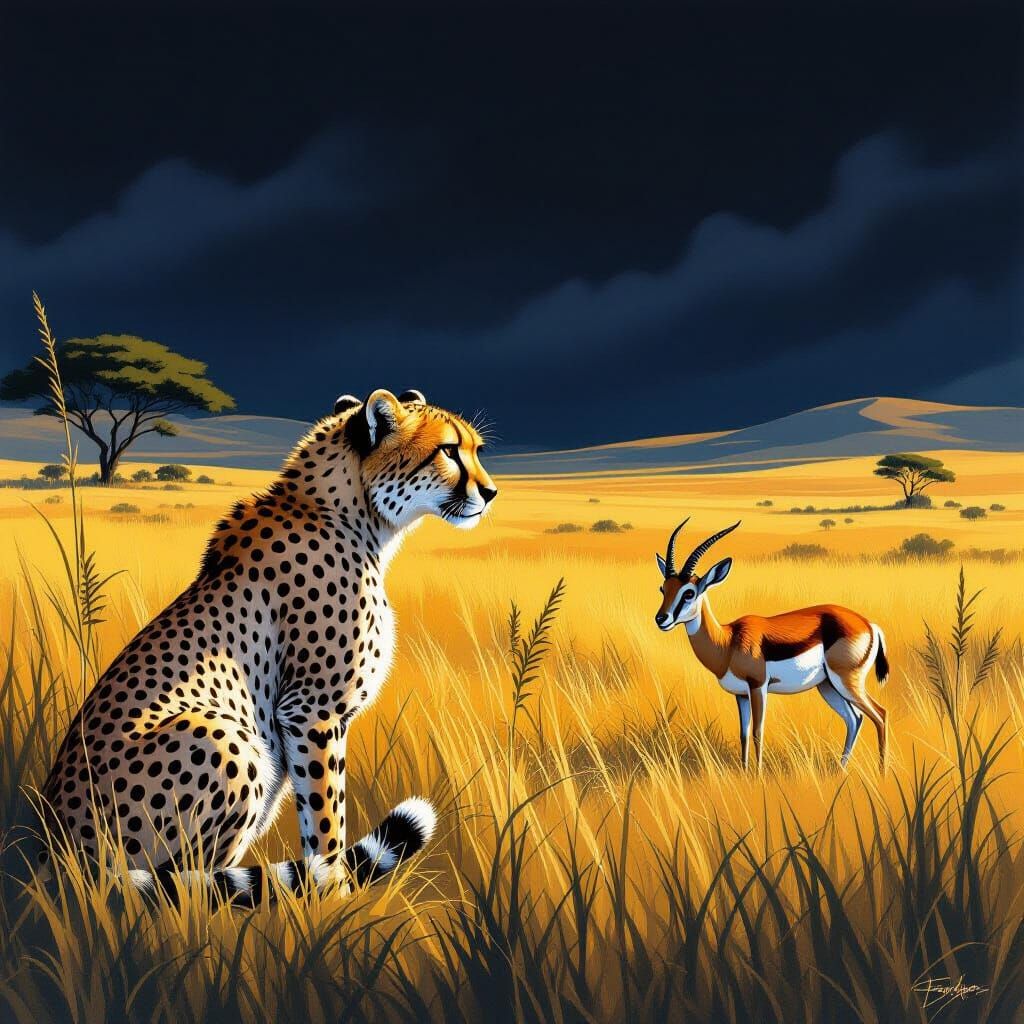 Cheetah Hunting Gazelle on Savannah, Dramatic Art