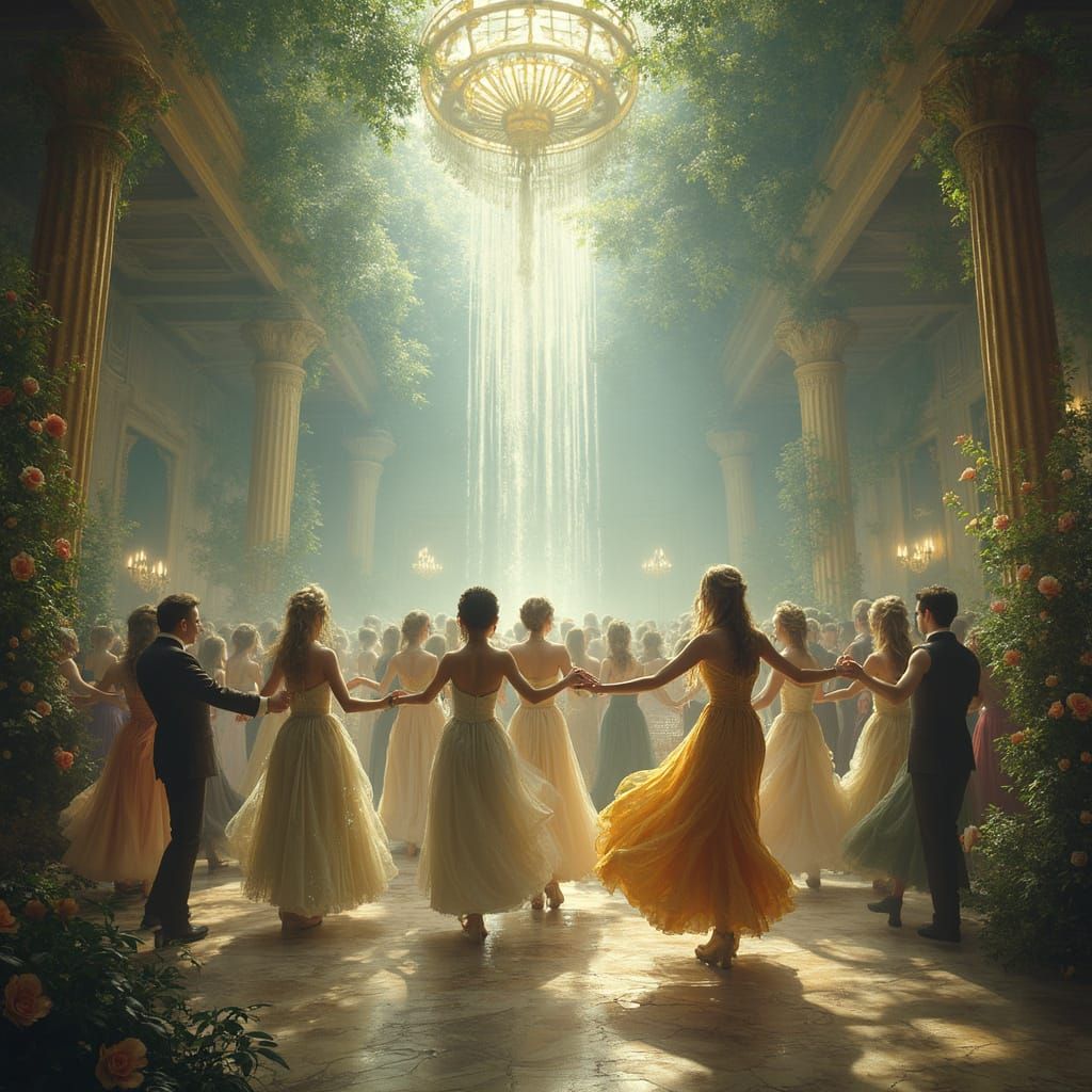 Elves Dancing in Grand Ballroom, Photorealistic Fantasy Art