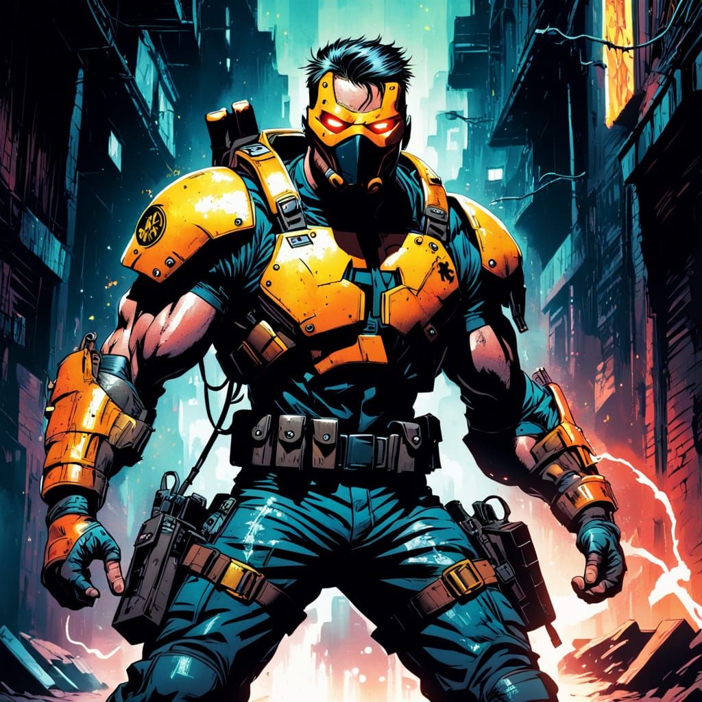 Gritty 90s Comic Book Hero in Neon-Lit Alleyway