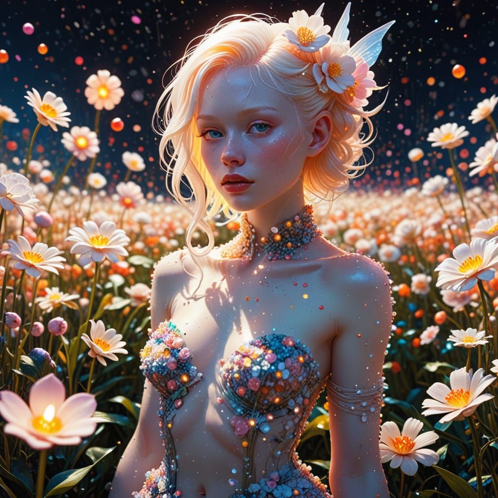 Albino Fairy Woman in Candy Flower Field
