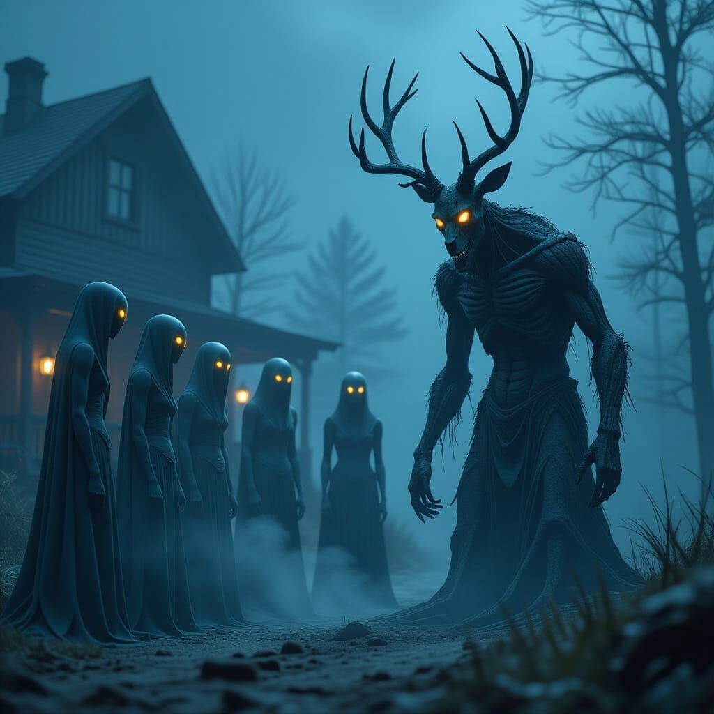 Eerie Alien Gathering with Wendigo in Dark Ranch