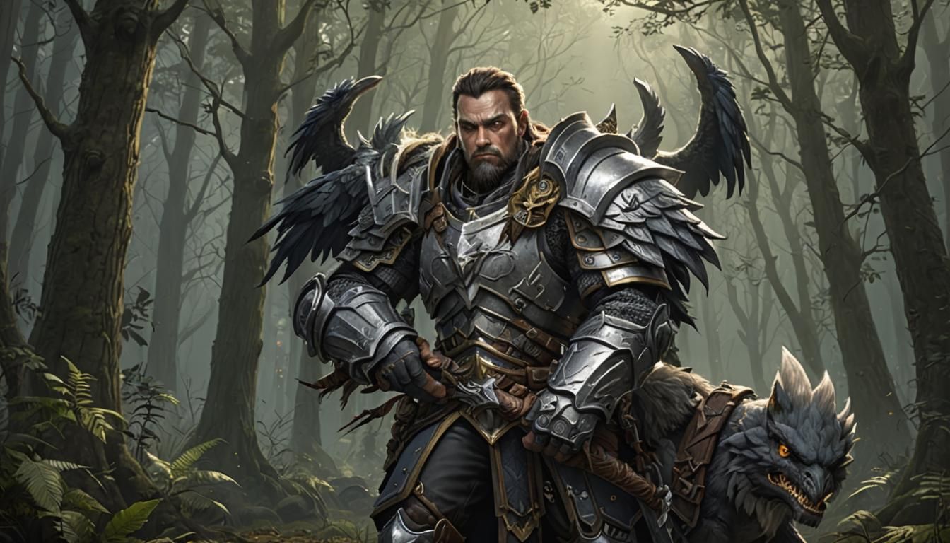 Fantasy Hunter and Gryphon in Warcraft Style