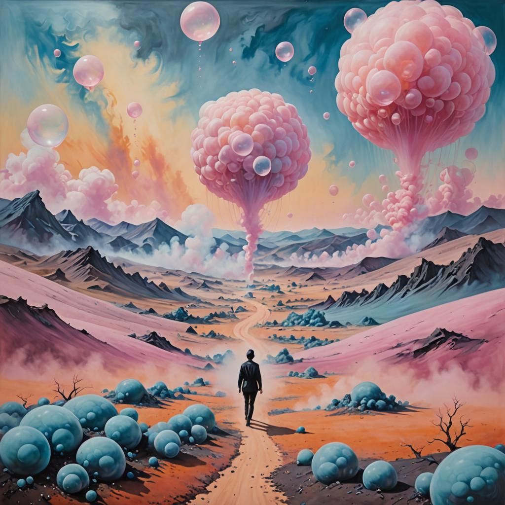 Surreal Bubble Smoke Landscape in Mixed Media